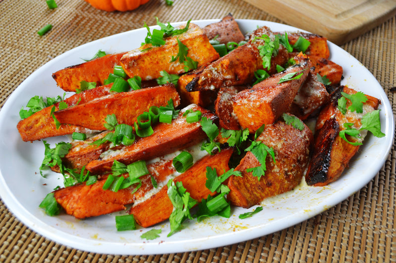 Spicy Roasted Yams with Pumpkin Sauce